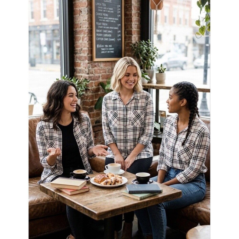 *NWT* Sanctuary Plaid Woven Collared Button Flannel Blouse WhiteBlackRed Women L
